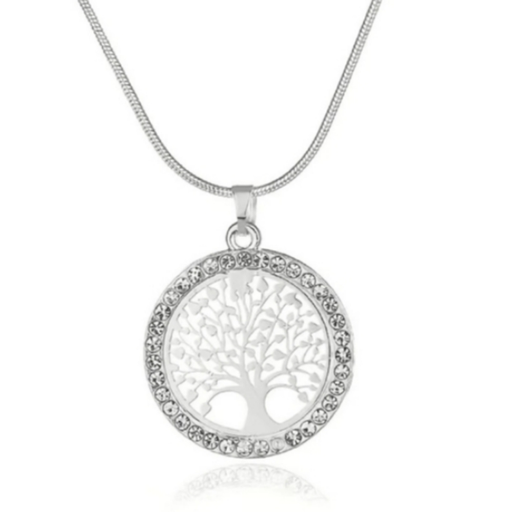 Silver Rhinestone Tree of Life Necklace has 22" snake chain lobster clasp.NEW